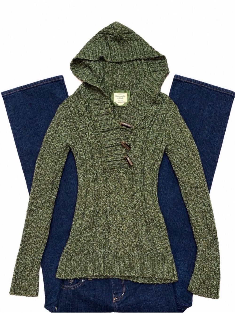 vintage Y2K 2007 Old Navy marled green cable knit toggle hoodie fall sweater - Picture 1 of 8